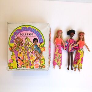 Vtg 70 Mattel Rock Flower Dolls - Heather, Lilac & Grace Mod Outfits + Case